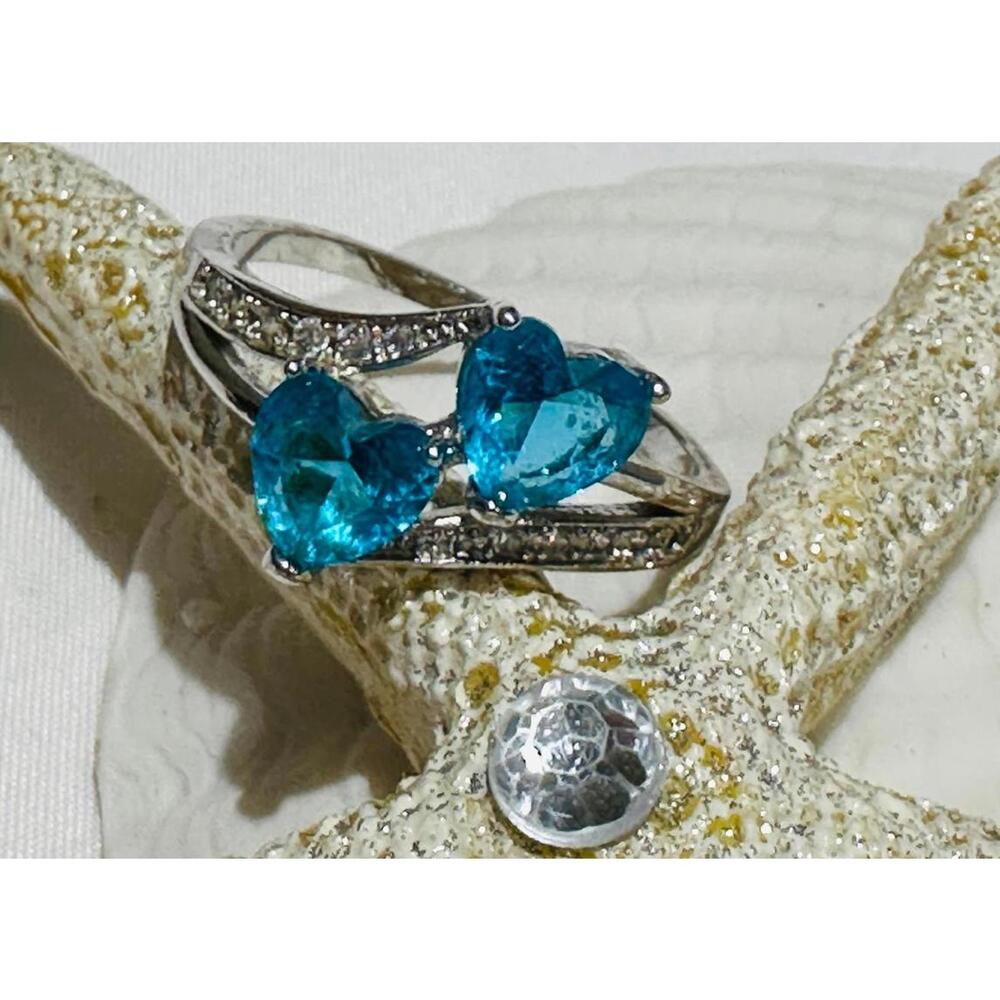 Silver Ring with Two Blue Heart-Shaped Stones and Clear Accents Size 12